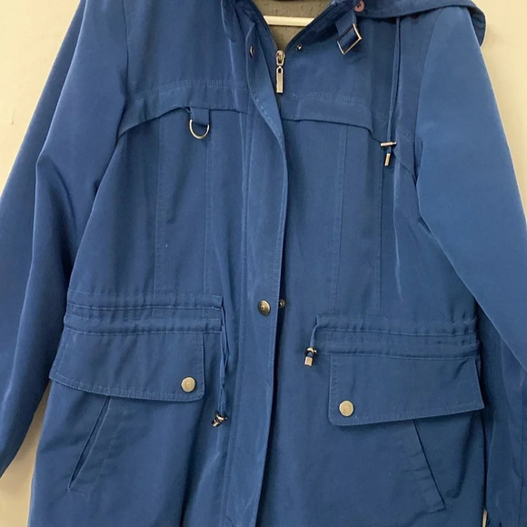 Gallery Coat Women Navy Blue Hooded Anorak Jacket Size M Zip Snap Front‎ Pockets - Picture 2 of 7